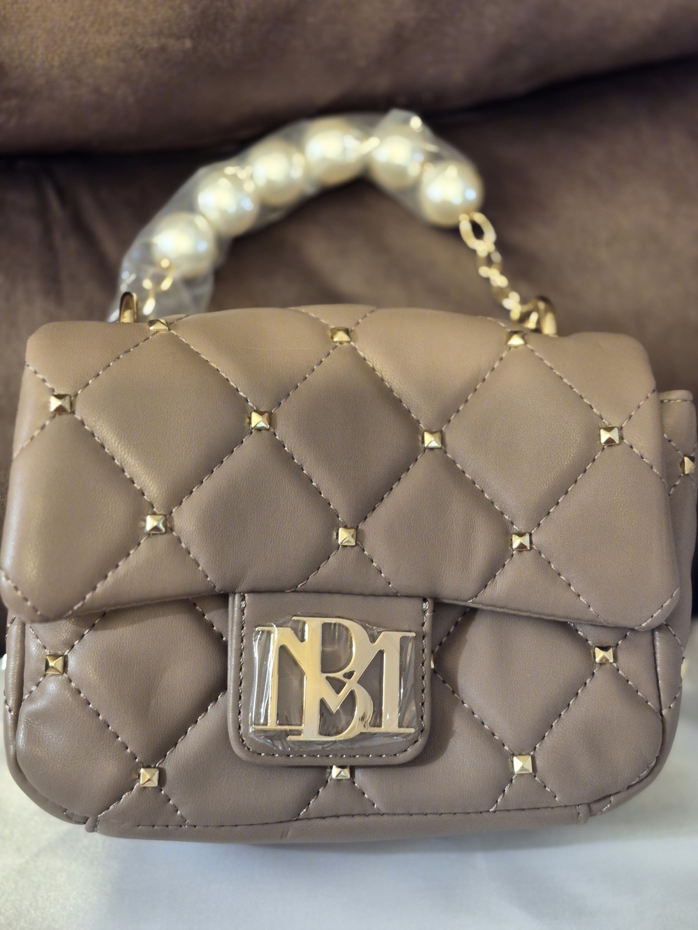 Badgley Mischka Taupe Quilted Mini Bag with Gold Hardware